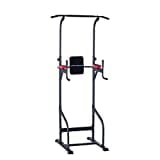 Ultrasport Power Tower, stazione fitness multifunzione per allenarsi a casa, dip station, sbarra sollevamento, impugnature per flessioni, regolabile altezza, Nero - Rosso