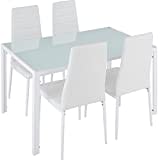 TecTake® Set di Mobili per Sala da Pranzo, 4 Sedie in Similpelle Resistente, Tavolo con Piano in Vetro, Design Moderno, Piedini SalvaPavimento, Ideale per Cucina e Soggiorno - Bianco