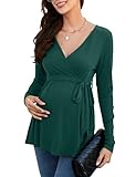 KOJOOIN Camicia da Allattamento da Donna Camicia Premaman con Scollo a V a Maniche Lunghe Top da Allattamento con Cintura Moda Premaman Verde Scuro (Manica Lunga) M