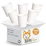 AKITAInk 1000 pz Bicchieri Monouso in Carta bianchi da 200 ml Bicchiere compostabile biodegradabile di carta per Te', Caffè, Bevande calde, Acqua anche Asporto e Feste (BIANCO, 1000)