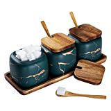 TELANKS Set Zuccheriera in Ceramica, 3 pz Condimento Box con Coperchio e Cucchiaio e Vassoio, Spezia Jar Cucina Scatola Barattolo di Spezie, Utensili da Cucina Forniture per Spezie, Verde