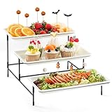 Lifewit Vassoio da Portata 3 Piatti, Vassoio Plastica Rettangolo 30×17cm, Alzate per Buffet Dolci, Portafrutta da Tavolo, Cucina Decorativo, Vassoi e Piatti con Rastrelliera in Metallo Nero