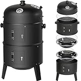 tectake® Barbecue a Carbonella 3 in 1, BBQ Grill Affumicatore Multifunzione con Coperchio, Termometro Integrato, Aria Regolabile, Griglie Cromate, Maniglie Laterali - Nero