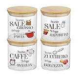 Generico Set Contenitori per Sale Fino e Grosso Zuccherro e Caffè Personalizzati Descrizioni Confezione 4 Barattoli Trasparenti In Vetro Coperchio Legno Idea Regalo Arredo Decorazioni Casa Cucina