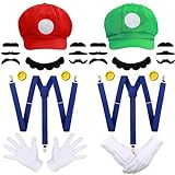 iZoeL Accessori Mario Bros Cappello di Mario Luigi - Mario Luigi Bros Cappello Guanti Bretelle Baffi Finti Bottoni Accessori, per Costume Carnevale Halloween Cosplay Bambino Uomo Donna