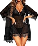 RSLOVE Lingerie Donna Sexy Babydoll in Pizzo Camicia da Notte Set di Pigiama Completo Intimi Vestaglia A Rete Nero XXL