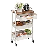 DOEWORKS Carrello con Ruote Portatutto Carrellino con Ruote Portatutto Metallo con Cassetto, Carrello Cucina con Ruote e Maniglia Pelle 3 Ripiani, Carrello Bagno Carrello Ufficio, Bianca