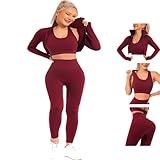 Veriliss 3-Set Completo Sportivo Palestra Donna, Fitness Completo, Workout Abbigliamento Oceans Cappotto Reggiseno Sportivo Ghette(Rosso,M)