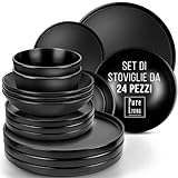 Piatti di Terraglia Neri - Set Piatti Moderni per 6 Persone - Servizio Piatti 24 Pezzi Manhattan - Piatti Terraglia Nero Opaco - Lavabile in Lavastoviglie e Adatto al Microonde - Pure Living