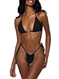 LUNNTE Bikini da donna, set perizoma bikini costume da bagno push up con triangolo coppa spaghetti due pezzi, Nero , M