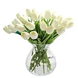 JUSTOYOU Mazzo da 20 tulipani artificiali in lattice dall’effetto realistico, fiori finti da bouquet per matrimonio, casa, giardino, decorazioni, bianco