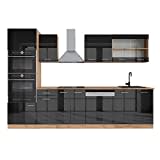 Vicco cucina componibile R-line, Antracite lucido/oro power oak, 300 cm con armadio alto, senza piano di lavoro