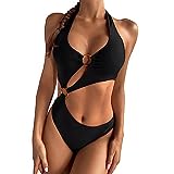 KBRPEY Costume da Bagno Donna Un Pezzo Bikini A Vita Alta Bottom Imbottito Reggiseno Bikini Sexy Spiaggia Beachwear Swimwear Bandeau Bikini (Nero S)