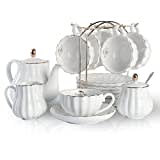 Sweejar Home Set da tè in porcellana Royal Family, 225 ml, per tazze e piattini con teiera, zuccheriera, brocca per latte in ceramica e tazze da caffè (bianco)