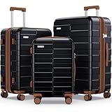 Vipbox Set 3 Valigie Rigide (3 ANNI DI SERVIZIO VIP) Espandibile 100% Policarbonato Leggera Set Trolley da Viaggio Ultrar Durevole Valigia con Chiusura TSA e 4 Ruote, Nero Premium