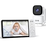 GHB Baby Monitor Video e Audio 5'', 350° Telecamera 720HD IPS Schermo, 5000mAh, Monitoraggio Temperatura, Audio Bidirezionale,VOX, Visione Notturna,Ninne Nanne