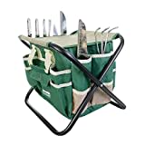 GardenHOME Set di Attrezzi da Giardino 7 Pezzi Kit Giardinaggio, Utensili da Giardino in Acciaio Inossidabile con Sgabello Pieghevole e Borsa