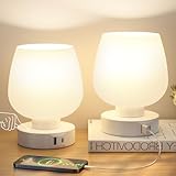 Set di 2 Lampada da Comodino Touch Dimmerabile in Vetro Bianco con Porte USB-C+A, Piccola Lampada da Tavolo, Abat Jour da Comodino con Filo per Camera da Letto Soggiorno Ufficio(Lampadine Inclusa)