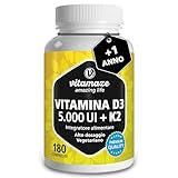 Vitamaze® Vitamina D3 K2 (+1 Anno) di Alto Dosaggio Vitamina D3 + 20 mcg Vitamina K2 al Giorno, 180 Piccole Compresse Vegetariane, Elevata Biodisponibilità, Qualitá Tedesca