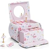 Vlando Carillon Ballerina, portagioie con chiusura a chiave, in pelle PU, con cassetti, portagioie per bambini, con melodia, regalo per ragazze