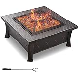 Braciere da Esterno, Braciere da Giardino in Ferro per Riscaldamento con Copertura Protettiva, Griglia, Attizzatoio, Braciere Barbecue per Campeggio, 81 x 81 x 51 cm