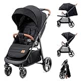 Kinderkraft GRANDE PLUS Passeggino Leggero dalla Nascita fino 22 kg, Pieghevole con una mano, Posizione Sdraiata, L'ammortizzazione su tutte le ruote, Cappottina XL, Nero