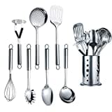 Berglander Utensile da cucina in acciaio inox 7 pezzi con 1 supporto, accordatore intagliato, mestolo, schiumarola, cucchiaio da portata, impasto per server, frullatore di patate, frusta per uova