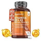 Vitamina D3 K2, Vitamina D 2000 UI + 200μg Vitamina K2 MK7, 365 Compresse Senza Magnesio Stearato, Vitamina D3 + Vitamina K2 100% All-Trans Biodisponibile, Sistema Immunitario, Ossa, Denti, Muscoli