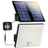 Lampada Solare da Esterno, Faretto Led da Esterno con Sensore di Movimento, Luce Solare Led Esterno con Pannello Solare, 113 LED 2000mAh 4 Modes Lampioni Luci Solari da Giardino con 5M Cavo, 1 Pezzi