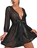 Tuopuda Camicie da Notte Intimo Donna Sexy Lingerie Babydoll in Pizzo Trasparente Pigiama Kimono Vestaglia Lace Biancheria Intima da Notte con G-String Cintura Accappatoio Abito da Notte, Nero, M