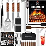 Grilliance Set di 30 Posate per Barbecue, in Acciaio Inox di Alta qualità, Pinza per Barbecue, cavatappi, Set con Valigetta e Tappetino per Barbecue, per Uomini, Regalo per Campeggio, Marrone