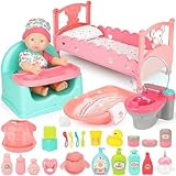 deAO Bambolotti Bambole e Accessori, Bambola Bebè Set Bambola Interattiva da 33 cm con Lettino Sedile Vasca da Bagno per Bambole e Accessori Inclusi, 31 Pezzi New Born Baby Dolls per Bambini 3+ Anni