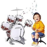 Batteria per Bambini, Set di Batteria Jazz per Bambini Giocattoli 5 Tamburi Strumento a Percussione con Sgabello Tamburo Compleanno Educazione Precoce Regalo di Natale per 3 4 5 Anni Ragazze Ragazzo