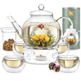 Teabloom Set Completo Fiori di Tè: Teiera in Vetro Borosilicato,12 Fiori di tè, Riscalda Teiera, 4 Tazze in Vetro a Doppio Strato, Infusore per Tè Sfuso - Perfetta Confezione Regalo