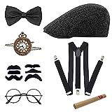 JOPHEK 7 Pezzi Set Accessori Anni 20 per Uomo, Gatsby Gangster Costume Accessori, con Cappello Panama, Orologio da Tasca, Cinghie, Papillon, Baffi, Occhiali da Vista, per Natale Carnevale Festa