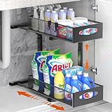 Housolution Organizer Sottolavello Cucina in Metallo, Scaffale Sottolavello Cucina Estraibile a 2 Livelli con Altezza Regolabile, Organizzatore Sottolavello per Armadio da Cucina, 1 Pezzo, Nero