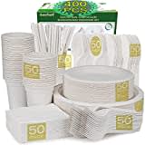 400 Pezzi Piatti Usa e Getta Biodegradabili Compostabili di Carta Ecologici Canna da Zucchero Bagassa Set Stoviglie Posate Monouso Include Piatti Tazze Coltelli Tovaglioli Forchette Cannucce Cucchiai