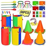 FHzytg 58 Pezzi Giochi da Giardino all'Aperto Giochi per Bambini Adulti Set Lancio Anelli Sacco Borse Rimbalzanti Uovo Corsa Medaglie Gara a 3 Gambe per Palle da Parco Giochi Festa di Compleanno per B