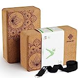 Overmont Mattoncini Yoga in Sughero - 2 Pezzi Blocchi Yoga Naturale con Cinghia - per Principianti Meditazione e Pilates Accessori per Il Fitness Yoga Accessori - 23 x 15 x 7,6 cm