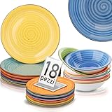 Shally Dogan Servizio Piatti per 6 Persone in Ceramica Multicolore, Set 18 Pezzi Servito da Tavolo Colorato Gres Porcellanato, Piatto Fondo, Piano, Frutta o Dolce, Accessori Cucina Design Moderno