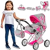 Kinderplay Carrozzina per Bambole, Passeggino per Bambole - Altezza Della Maniglia Regolabile di 36.5-64 cm, Passeggino Giocattolo 3in1, con Borsa, KP0200S