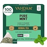 VAHDAM, Tisana Alla Menta Pura (100 Bustine) Senza Caffeina | Miscela di Menta Dolce e Menta Piperita | Tè alle erbe | Infusi e Tisane con Te in Foglie | In Bustina Richiudibile con Chiusura Ermetica