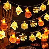 Qillnyy Catena luminosa decorativa per Halloween, 4 m, 20 LED, 4 tipi di luci di Halloween, zucca, spirito, ragnatela, gatto, 2 batterie AA per Halloween, feste, camere