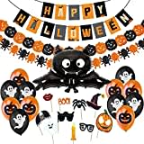 Jonami Decorazioni Halloween Casa - Festone Happy Halloween, Pipistrello Gigante, Ghirlande di Zucche e Ragni, Foto Booth Props Halloween e Palloncini Neri e Arancioni